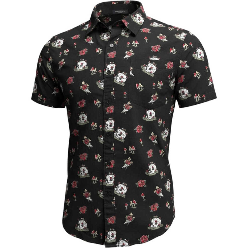 WXYZ Mfg Co Mens Medium Black Skull Rose Mushroom Print Short Sleeve Button Down